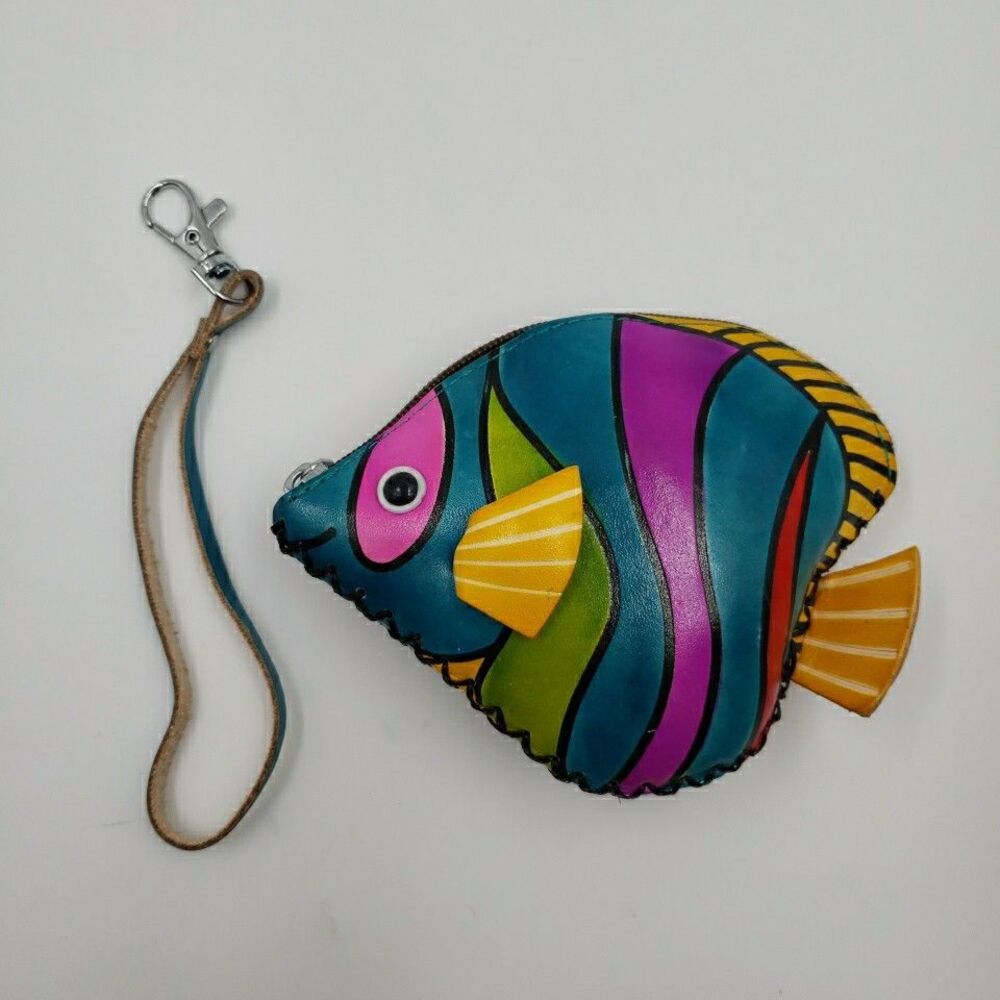 Tropical Fish Wristlet Coin Purse Handmade Leather Zipper Pouch Cruise Accessory - Picture 4 of 15